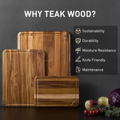 Teak Wood Cutting Board Set for Kitchen High-End Non Toxic Non Slip Over Sink Solid Thick Wood Haus Chopping Board Extra Large Big Small Best Kitchen Essential House Warming Hostess Host Gift - Image 2