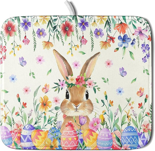 Giwawa Easter Rabbit Dish Drying Mat Spring Flower Dish Drainer Rack Mats 16x18 inch Absorbent Microfiber Fast Dry Pad Kitchen Counter Accessories