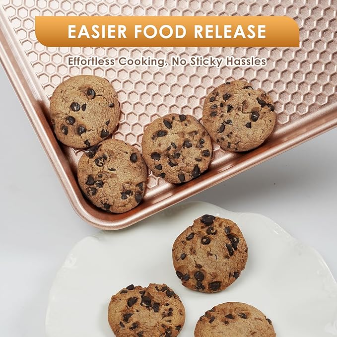 Baking Sheet Pan Set of 3, Nonstick Carbon Steel Cookie Sheets with Texture, Commercial Half/Quarter/Jelly Roll Pans Replacement Toaster Oven Tray, Heavy Duty & Easy Clean, Rose Gold - Image 6