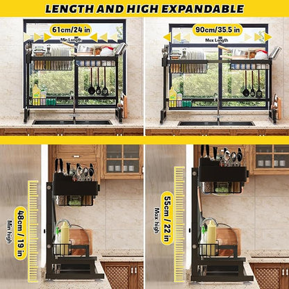 ilvvan Over Sink Dish Drying Rack (Expandable Height/Length) Snap-On Design Large Dish Drainer Storage Counter Organizer 24" - 35.5"(L) x 12"(W) x 19" - 22"(H) - Image 7