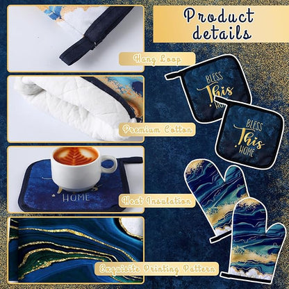 Bencailor 6 Pcs Marble Kitchen Decor Gold Pot Holders Oven Mitts 2 Dish Towels 2 Farmhouse Cooking Mittens Oven Glove and Potholder for Baking Cooking Grilling Supply Accessories(Blue)