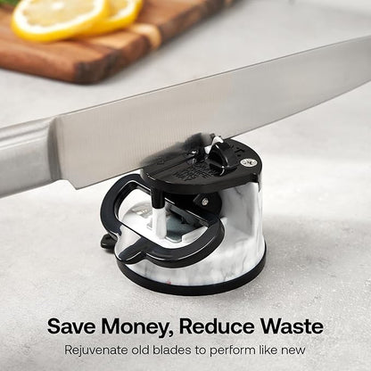 AnySharp – Editions – Hands Free Knife Sharpener - Easy to Use Sharpening Tool w/PowerGrip Suction Base and 20-Degree Pre-Set Angle - for All Knives: Chef's, Serrated, Hardened Steel - White Marble - Image 8