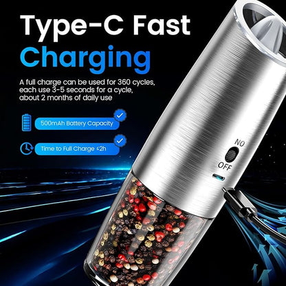MealHelper Rechargeable Gravity Electric Salt and Pepper Grinder Set with LED Light, Type-C Fast Charging, Adjustable Coarseness, Large Capacity Grinder for Kitchen & Outdoor, (2 Pack-Stainless Steel)
