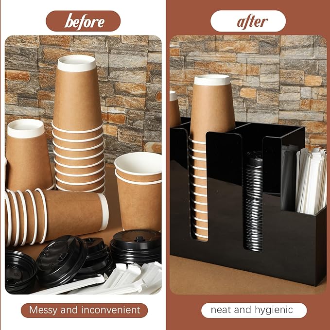Cunhill 4 Compartments Acrylic Coffee Cup and Lid Storage Organizer Holder Disposable Paper Cup Dispenser Organizer Plastic Lid Holder Accessories for Kitchen Bar Shop Party Supplies(Black) - Image 5