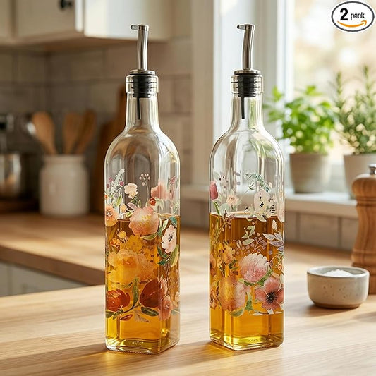Topadorn 17 oz Olive Oil Dispenser Bottle Set for Kitchen, 2 Pcs Glass Oil Dispenser Bottle with Stainless Steel Pourers, 2 Packs of Napkins, Pink Flowers