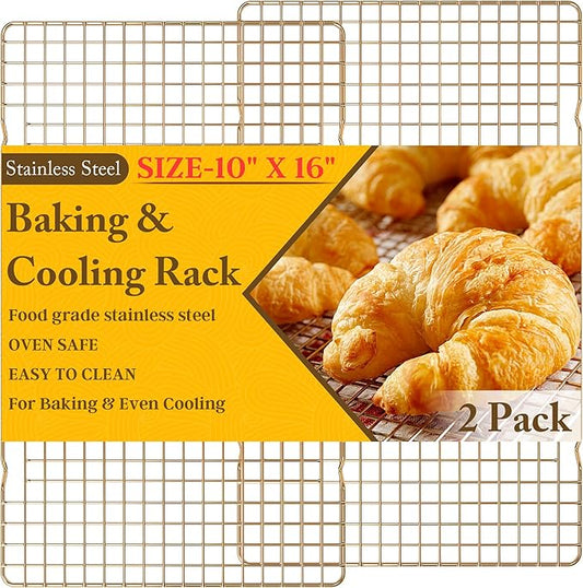 2PCS Cooling Racks for Cooking and Baking - 10" x 16"Heavy Duty Stainless Steel Wire Rack for Baking, Grilling, Roasting - Oven & Dishwasher Safe - Fits Half Sheet Pan（Gold） by QukakaHomeCare