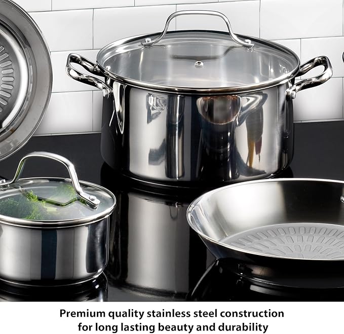 T-fal Performa Stainless Steel Cookware Set 12 Piece Induction Oven Broiler Safe 500F Pots and Pans, Dishwasher Safe Silver
