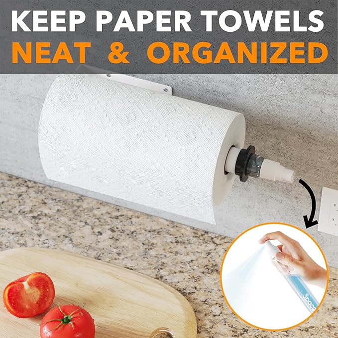 SpaceAid SprayNeat Paper Towel Holder with Spray Bottle, Under Cabinet Paper Towels Holders with Sprayer Inside Center, Hanging Wall Mount Papertowels Roller for Kitchen and Bathroom (White)
