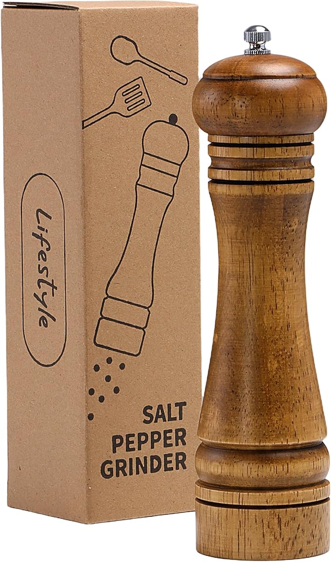 Wood Salt and Pepper Grinder, Salt Grinder and Pepper Mill, Oak Wood Shakers with Adjustable Ceramic Grinders - 8 inches, 1 Pack by MJINGMEI