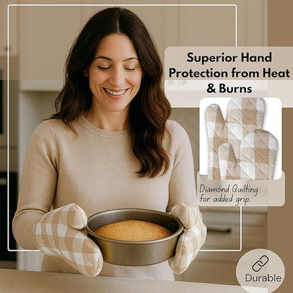 Native Fab Buffalo Plaid Check Oven Mitts and Pot Holders Set of 4, 100% Cotton Heat Resistant Kitchen Gloves, 2 Oven Mitts (7x13), 2 Pot Holders (8x8) for Cooking & Baking, Beige White - Image 5