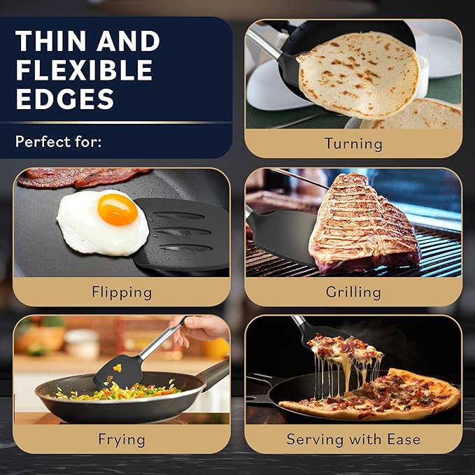 Home Hero Silicone Spatula Set - Heat Resistant Spatulas for Cooking - Ergonomic Stainless Steel Cooking Utensils - Solid & Slotted Silicone Turners - Pack of 2, Black - Image 4