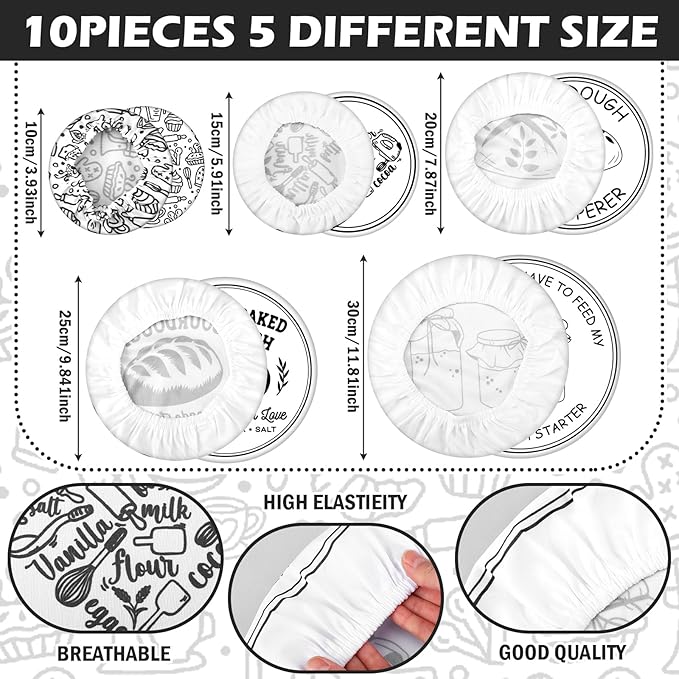 Patelai 10 Pcs Bowl Covers Reusable in 5 Size Stretch Cloth Fabric Elastic Food Storage Bowl Covers Bread Sourdough Lids for Proofing Food Fruits Leftover (Black White,Minimalist Style) - Image 3
