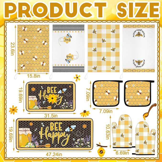 Fourluoo 10 Pcs Bee Themed Kitchen Decor Set Dish Towels Kitchen Rugs Oven Mitts and Pot Holders for Cooking Baking Grilling Women Mom Gift
