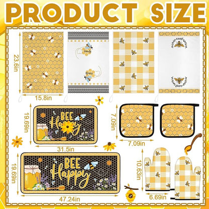 Fourluoo 10 Pcs Bee Themed Kitchen Decor Set Dish Towels Kitchen Rugs Oven Mitts and Pot Holders for Cooking Baking Grilling Women Mom Gift