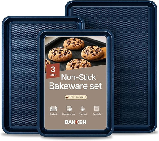 BAKKEN Kitchen Baking Pan - Small, Medium, and Large Cookie Sheet (13.58×9.65, 15.75×11, 17.91×12.60), Nonstick, Diamond Texture Bottom, PFOA, PFOS, PTFE Free, Oven Safe Tray (450°F), Pack of 3, Blue by Unknown