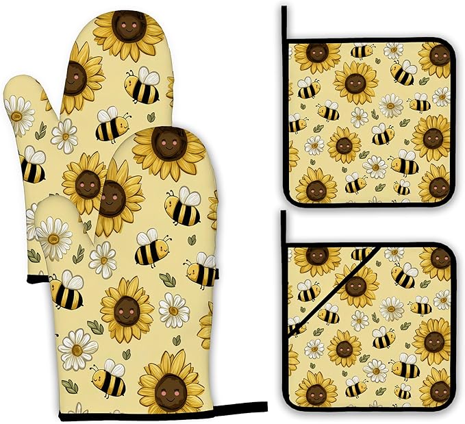Sunflower Bee Oven Mitts and Pot Holders Set,Daisy Kitchen Oven Gloves and Pot Holder with Heat Resistant Non Slip for Cooking Baking Grilling(4 Piece Set)