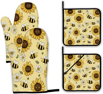 Sunflower Bee Oven Mitts and Pot Holders Set,Daisy Kitchen Oven Gloves and Pot Holder with Heat Resistant Non Slip for Cooking Baking Grilling(4 Piece Set)