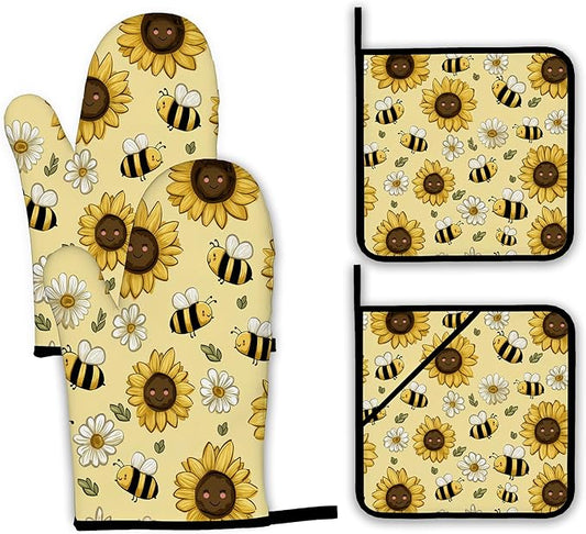 Sunflower Bee Oven Mitts and Pot Holders Set,Daisy Kitchen Oven Gloves and Pot Holder with Heat Resistant Non Slip for Cooking Baking Grilling(4 Piece Set)