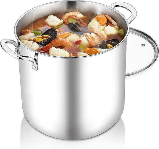 TeamFar 12 Quart Stock Pot, 18/10 Stainless Steel Large Cooking Soup Pot with Lid for Simmering/Stewing, for Induction/Gas/Ceramic, Healthy & Heavy-Duty, Riveted Handles & Dishwasher Safe by TeamFar