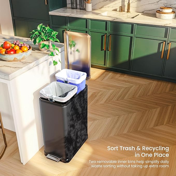 Home Zone Living 13 Gallon Slim Dual Compartment Kitchen Trash Can, Soft-Close Lid and Step Pedal, Stainless Steel, Matte Black