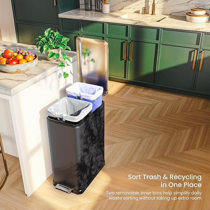 Home Zone Living 13 Gallon Slim Dual Compartment Kitchen Trash Can, Soft-Close Lid and Step Pedal, Stainless Steel, Matte Black