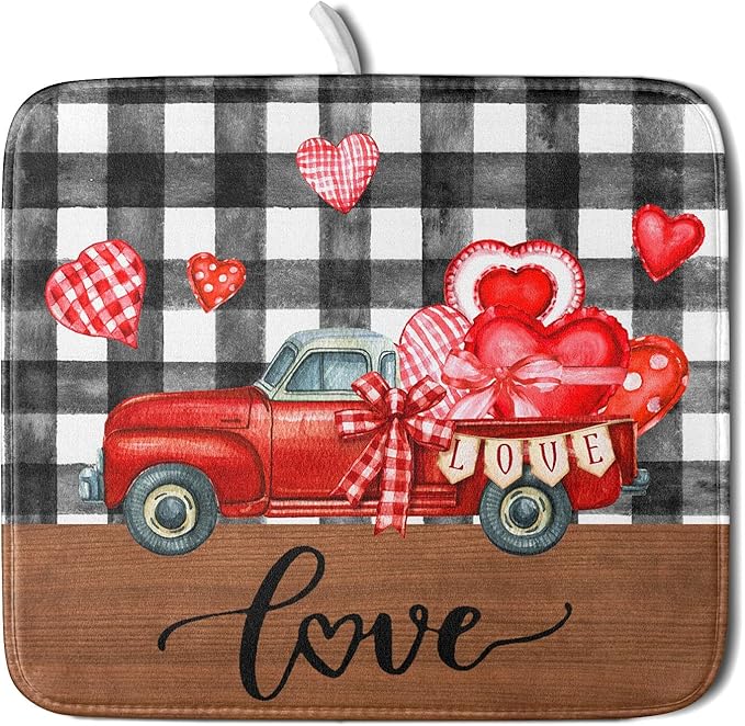 Valentine's Day Red Heart Truck Dish Drying Mat for Kitchen Counter,Black White Buffalo Plaid Love Drying Mat 16 x 18 Inch with Absorbent Reversible Microfiber Dish Drying Pad for Coffee Bar by Anyako