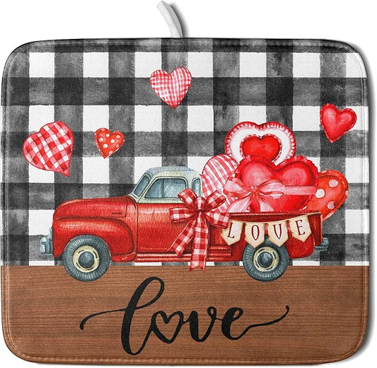 Valentine's Day Red Heart Truck Dish Drying Mat for Kitchen Counter,Black White Buffalo Plaid Love Drying Mat 16 x 18 Inch with Absorbent Reversible Microfiber Dish Drying Pad for Coffee Bar by Anyako