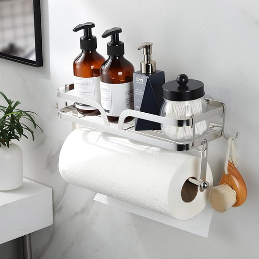 Taozun Paper Towel Holder Wall Mount, Kitchen Paper Holder Spice Rack Paper Towel Roll Holder Bathroom Hand Towel Holder with 4 Hooks (2 Installation Methods - Self-Adhesive and Drilling) Silver