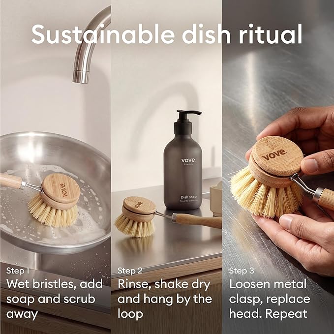 Vove Bamboo Dish Brush Replacement Heads, 4 Pack - FSC-Certified Bamboo - Natural Fiber Bristles - Compatible with Vove Dish Brush - Non-Toxic, Plastic-Free - Image 8