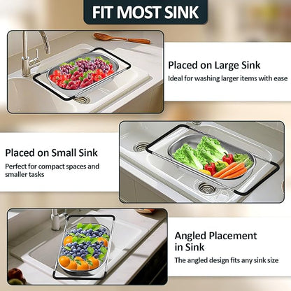 Over the Sink Colander - Strainers and Colanders - Sink Strainer Basket - Expandable Fine Mesh Strainer with Rubber Grip for Veggie, Fruits, Pasta, Home Kitchen Essentials (9.5W x 13.4-21.3L x 3.3H) - Image 5