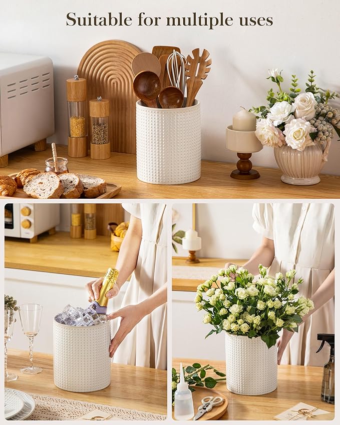 MALACASA LYDIA Ceramic Utensil Holders, 7.3"+5.5" Kitchen Utensil Crock Set for Countertop, Large & Small Utensil Organizers for Cooking Tools, Rhombus Pattern - Image 5
