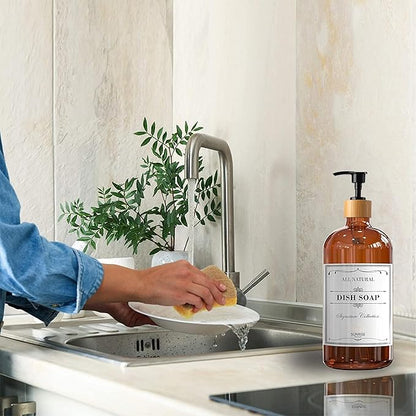 Sunrise Premium 16 OZ Thick Amber Glass Soap Dispenser, Bamboo Pump with Tray 2 Pack, Hand and Dish Soap Dispenser Set for Bathroom with 6 Waterproof Labels - Image 4