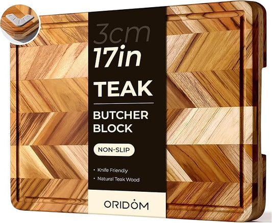 Teak Wood Cutting Board for Kitchen Large End Grain Heavy Duty Checkered Wooden Cutting Board Non Toxic Herringbone Charcuterie Butcher Block Non Slip Hardwood Chopping Board with Juice Groove Handle by oridom