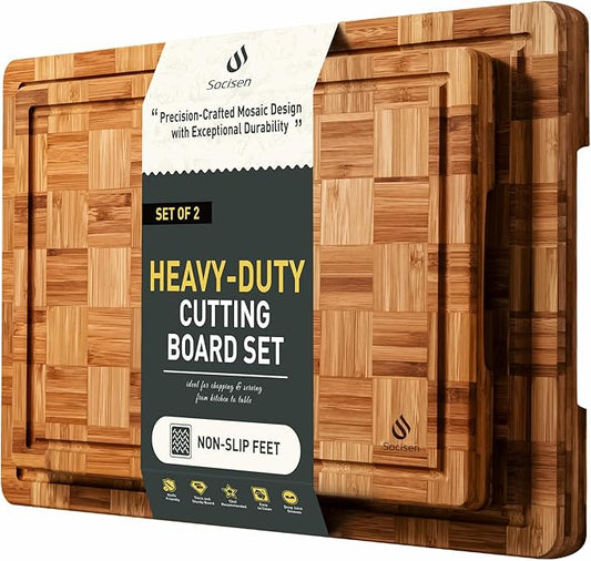 2 Pack Heavy Duty Bamboo Cutting Board Set Non Slip Over Sink Solid End Grain Thick Wood Chopping Board Extra Large Big Small Best Organic Hardwood Wooden Kitchen Essential New Home Housewarming Gift by Socisen