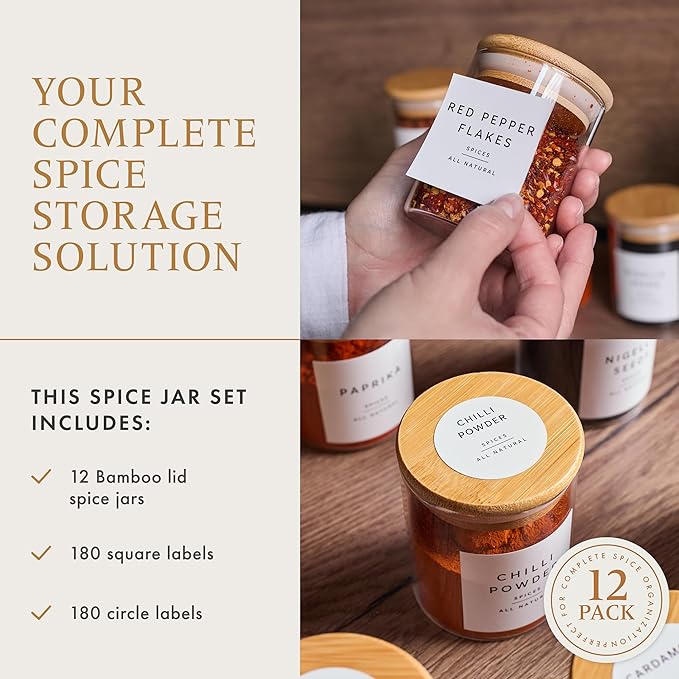 Glass Spice Jars with Labels-12 Pack- 6.8oz- 360 Labels- Spice Containers with Bamboo Lids -Spices Organization for Cabinet-Drawer-Rack-Seasoning containers-herbs- Organizer-Spices Bottles - Image 2