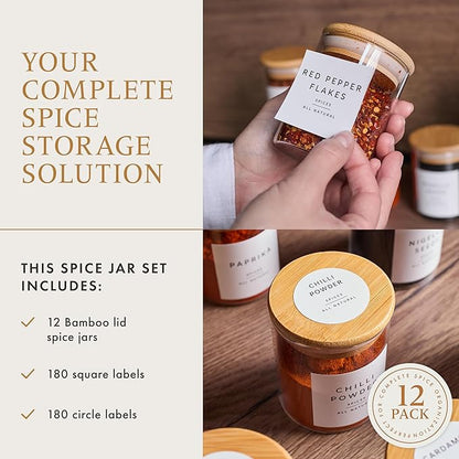 Glass Spice Jars with Labels-12 Pack- 6.8oz- 360 Labels- Spice Containers with Bamboo Lids -Spices Organization for Cabinet-Drawer-Rack-Seasoning containers-herbs- Organizer-Spices Bottles - Image 2