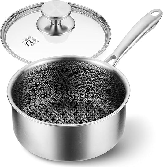 KOCH SYSTEME CS Hybrid Nonstick Stainless Steel Sauce Pan 3QT, Tri-ply Stainless Steel Pot with Honeycomb Interior, Hybrid Sauce Pan with Lid, 18/10 Steel Pot, Induction Compatible by KOCHSYSTEMECS