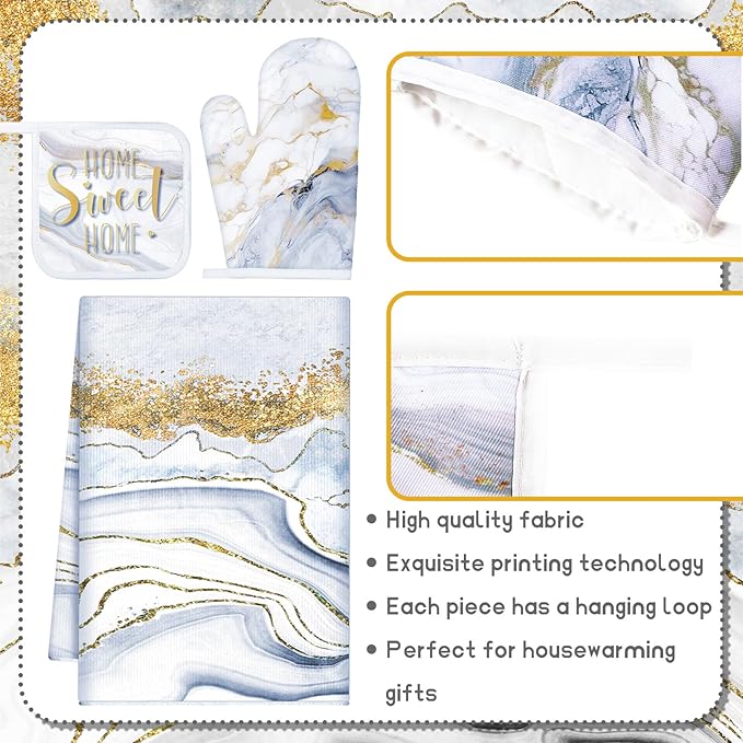 Leinuosen 8 Pcs White Marble Kitchen Decor Dish Towels and Oven Mitts Sets Pot Holders and Dishcloths Farmhouse Kitchen Accessories Decorative Set for Chef Baking Cooking Daughter Mom Gift