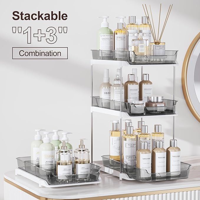 Delamu 2-Tier Multi-Purpose Bathroom Under Sink Organizers and Storage, Stackable Kitchen Pantry Organization, Pull Out Medicine Cabinet Organizer with Movable Dividers, Grey, 2 Pack - Image 3