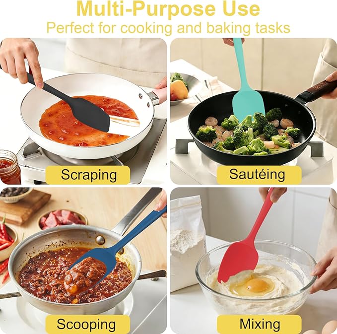 4 Pcs Silicone Spoon Spatula Set, 11.4 In, Food Grade Rubber Spatulas for Cooking, Baking, Mixing, 600°F Heat Resistant, Nonstick and Flexible Kitchen Utensils, Seamless Spoonula (Multicolor)