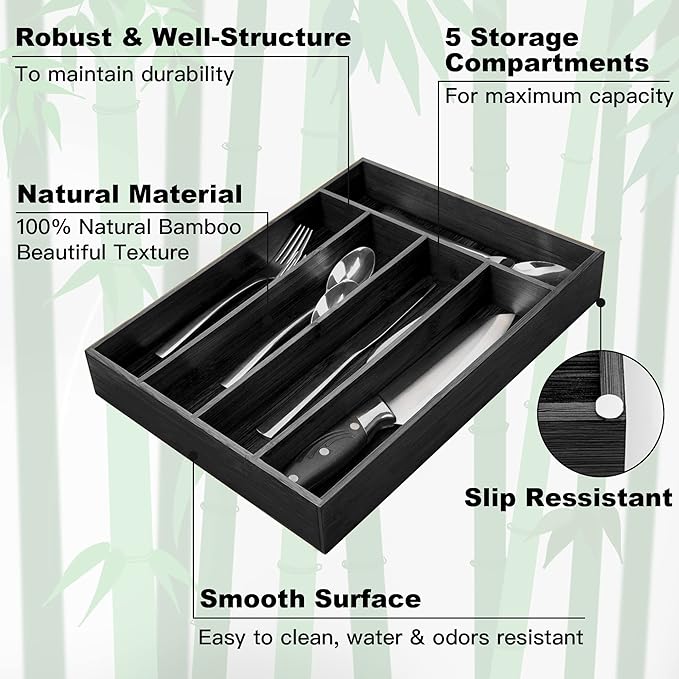 Besilord Bamboo Silverware Holder - Drawer Organizer with 5 Slots (Black) - Image 3