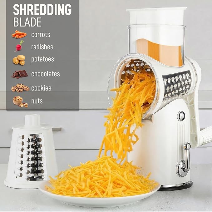 Zulay Kitchen Rotary Cheese Grater 5 Blade Cheese Shredder - Manual Hand Crank Cheese Grater With Reinforced Suction & 5 Interchangeable Drums - Easy to Use, Vegetable Chopper Round Mandoline Slicer - Image 3