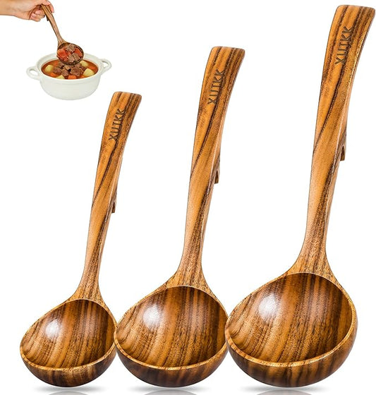 Wooden Ladle for Soup, Set of 3 Natural Teak Wood Ladle with Back Hooks, Wooden Soup Ladle for Cooking, Serving and Stirring | Comfortable Grip, Heat-Resistant &Non-Stick Teak Wooden Utensil Set by Unknown