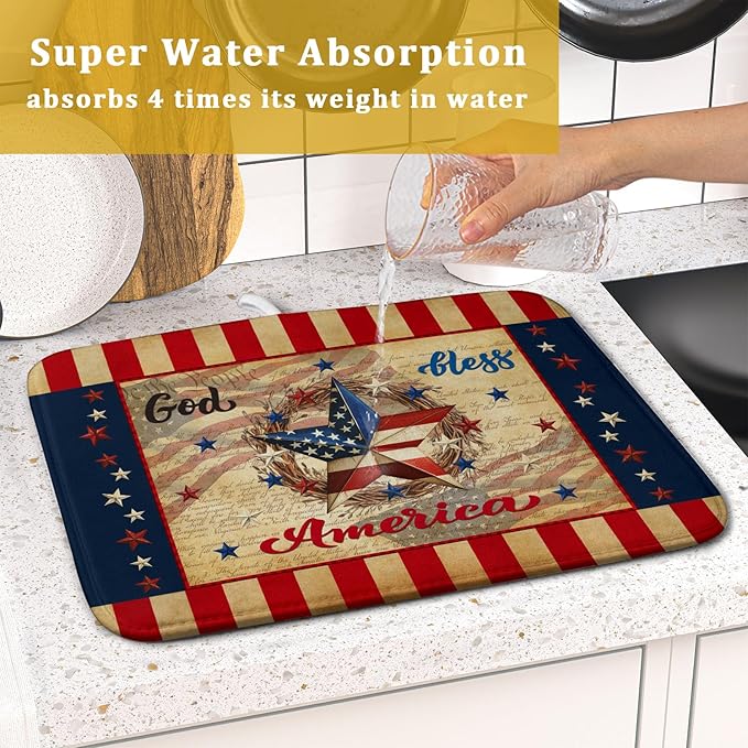 4th of July God Bless Dish Drying Mat for Kitchen Counter,American Flag Star Patriotic Independence Day Drying Mat 16 x 18 Inch with Absorbent Reversible Microfiber Drying Pad for Coffee Bar - Image 7