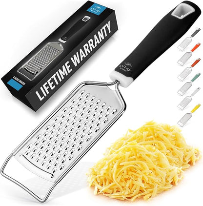 Zulay Kitchen Professional Cheese Grater Stainless Steel - Durable Rust-Proof Metal Lemon Zester Grater With Handle - Flat Handheld Grater For Cheese, Chocolate, Spices, And More - Black by ZulayKitchen