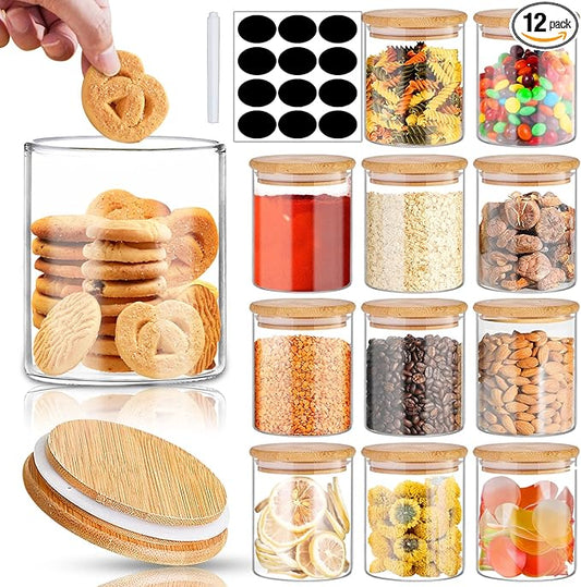 SLifeJars - Glass Jars with Bamboo Lids 16 oz, 12pcs Glass Food Storage Jars with Rewritable Labels, Bamboo Lid Jar for Kitchen Storage, Food Storage Containers with Lids for Herbs by LockinGoodnessSimplifyYou
