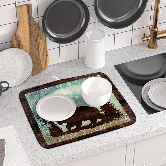 Giwawa Retro Brown Bear Forest Cabin Dish Drying Mat Countertop 16x18 Fall Blue Sky Cloud Cartoon Wild Animal Bushes Drainer Mat Pine Tree Grass Dishes Pad Rustic Floral Dish Drainer Rack