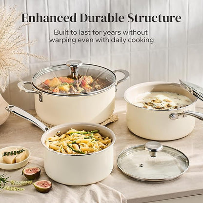 Redchef Cooking Pot Set Induction 5Qt, Saucepan Set 2.5/3.5Qt Nonstick Ceramic Cookware Set, Compatible All Cooktops, Even Heat, Stay-Cool Handles, Oven/Dishwasher Safe, PTFE PFAS Free (Beige) - Image 4