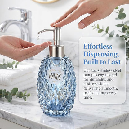 MALACHI Soap Dispenser Set, Crystal-Textured Diamond Glass with Rustproof Stainless Steel Pump, Dual-Labelled Hand & Dish Soap Dispenser for Kitchen & Bathroom