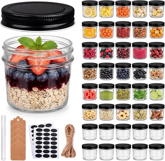 QAPPDA 40 Packs 4oz Glass Mini Mason Jars with Lids(Black), Clear Glass Jars Small Spice Canning Jars for Honey, Jam, Jelly, Wedding Favors, DIY Party Favors, Kitchen Food Storage by QAPPDA